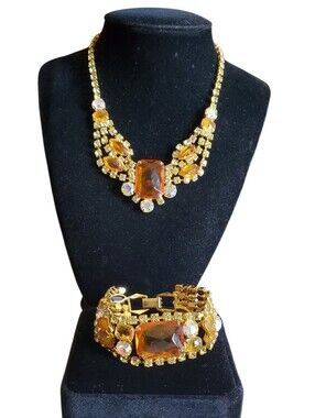 Vtg. 1950 Brown Topaz  Iridiscent Rhinestones Necklace and Bracelet Set